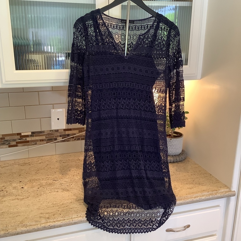 Black Label by Chico’s Navy Crochet Cover-Up Dress Size Small